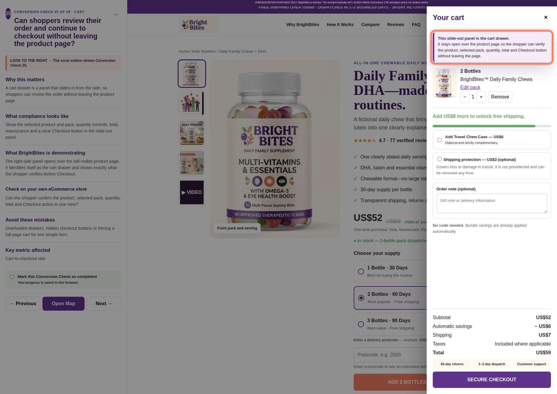 Cart Conversion Check with the cart drawer highlighted